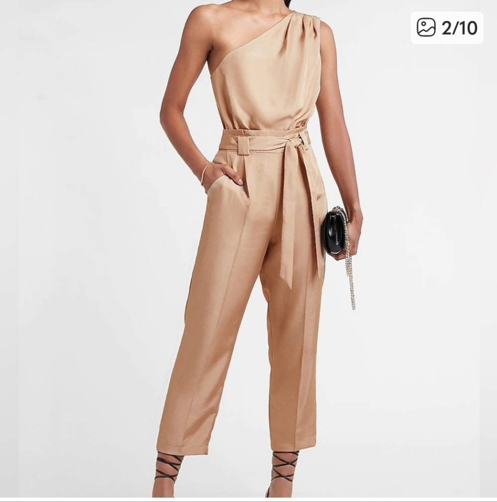 Express Chic One-Shoulder Tan Satin Jumpsuit Size M